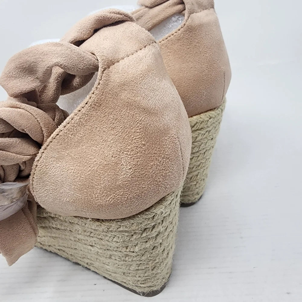 New‎ Blush Pink Espadrille Wedge Sandals Suede Ankle Tie Platforms Size 9.5